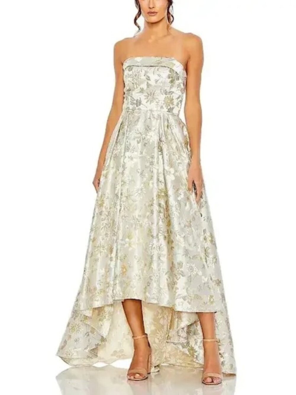 Mac Duggal White Gold Brocade Strapless Floral High Low Gown